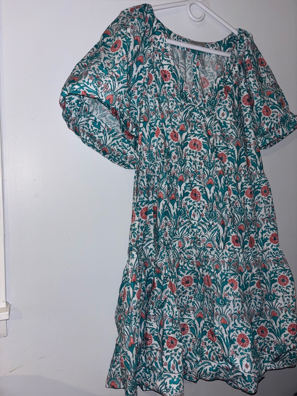 Plus Size 1X Teal Floral Tiered Dress Boho Folk Print Babydoll